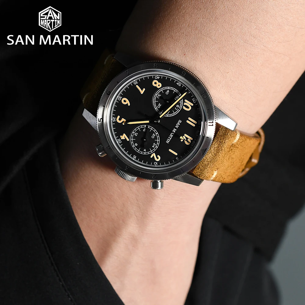 San Martin New Retro Pilot VK64 Chronograph Men\'s Quartz Watch Bidirectional Bezel Business Vintage Waterproof Luminous Clock