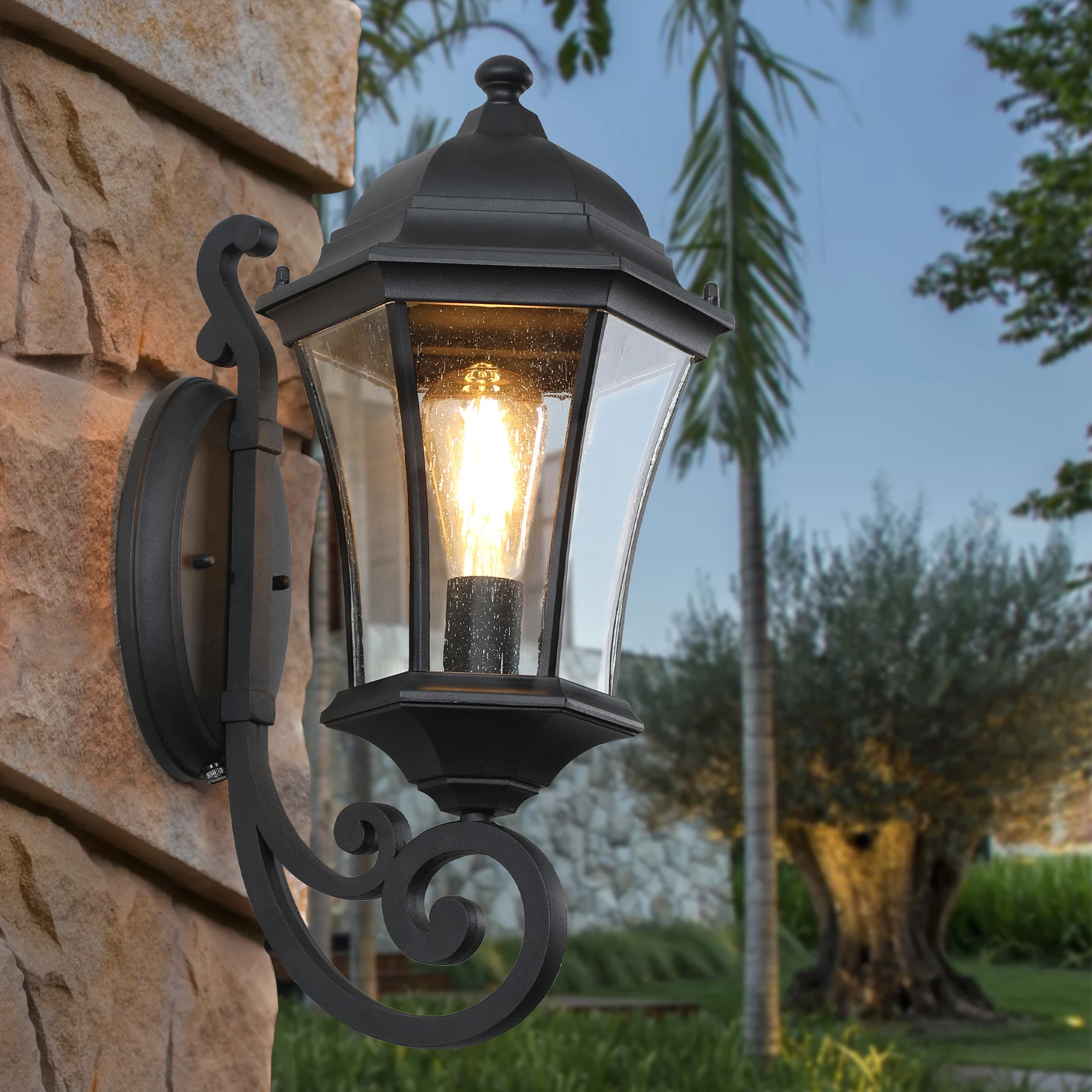 Outdoor Wall Lantern, Black Finish Vintage Style Sconce with Clear Glass Panels, Weather-Resistant Exterior Light Fixture