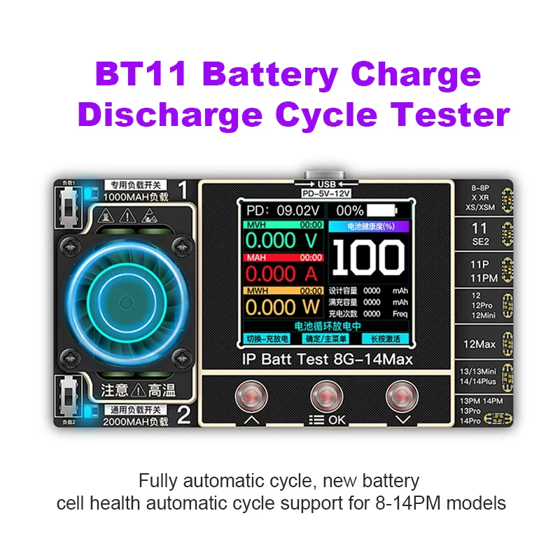 

WL BT11 Battery Charge/Discharge Cycle Tester PD Fast Charge for IPhone 8-14PM Battery Repair Electrical Auto-Cycle Testing Tool
