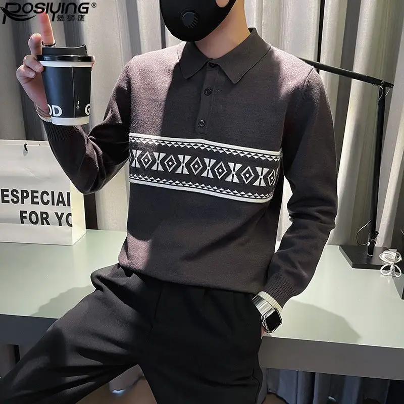 Autumn Winter New Fashion Turn-down Collar Long Sleeve Printing Pullovers Bottoming Shirt Men's Clothing Korean Knitting Tops