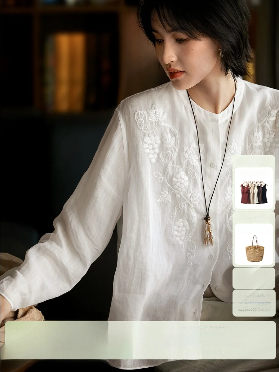 

Женская льняная рубашка XiaoHanGe с узором в виде лозы, свободного кроя, дышащая, комфортная, с длинным рукавом, для повседневной носки и делового стиля.