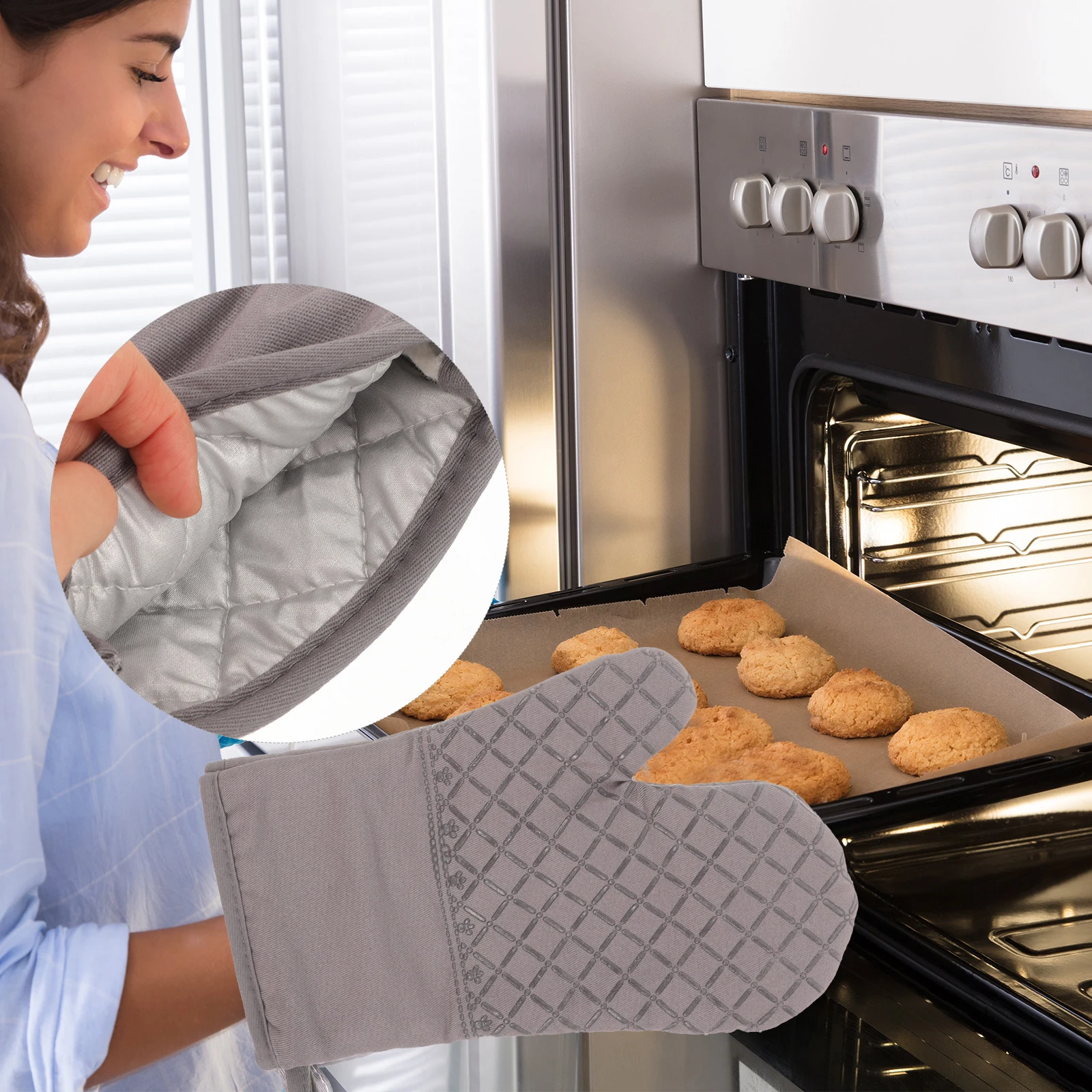 

1 set 30cm Silicone Oven Mitts Set Heat Resistant Gloves Cushion Cotton Lining Kitchen Essentials Hangable Design Anti for Hot
