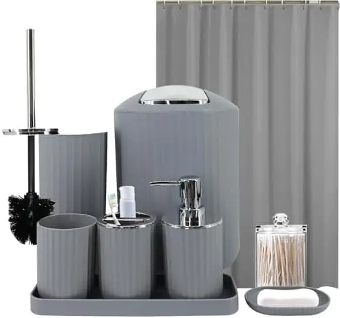

Grey Bathroom Accessories Set – 8-Piece Bathroom Decor with Shower Curtain & Toiletry Organizers