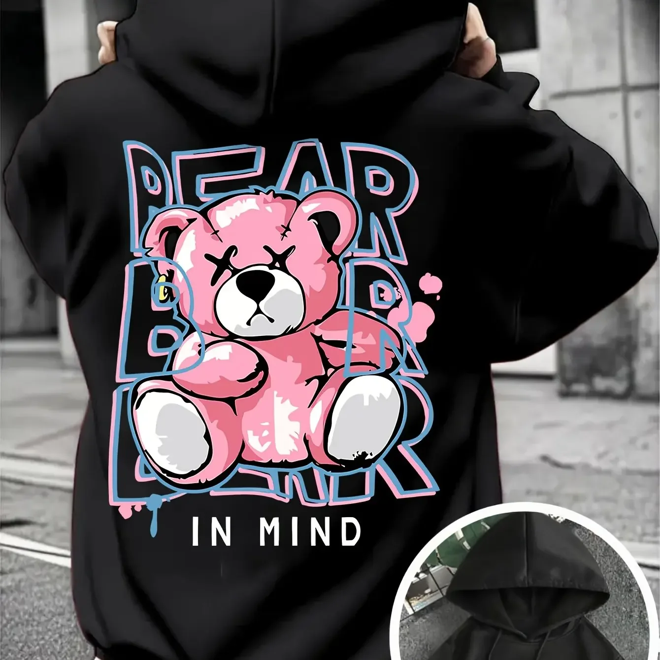 Sudadera con capucha para hombre, color rosa, con estampado X‑Eye Stitched Bear BEAR IN MIND, estampado de graffiti en la espalda y el pecho, sudadera con capucha informal, holgada, estilo streetwear