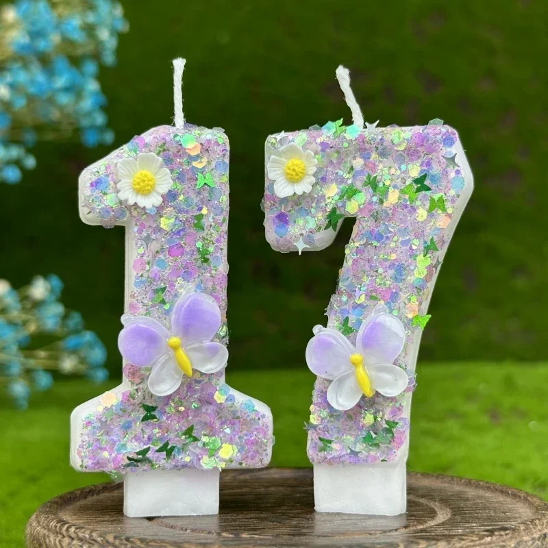 Happy Birthday Cake Decorations Number Candles Colorful Flower Butterfly Candles Pale Purple Shiny 3D Digital Candles For Party