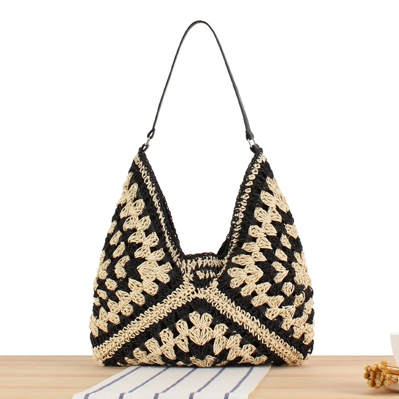 Summer Bohemian Braided Handbag Casual Tote Hollow Straw Beach Bag Woven Shoulder Bag Raffia Rattan Shopping Travel Bag