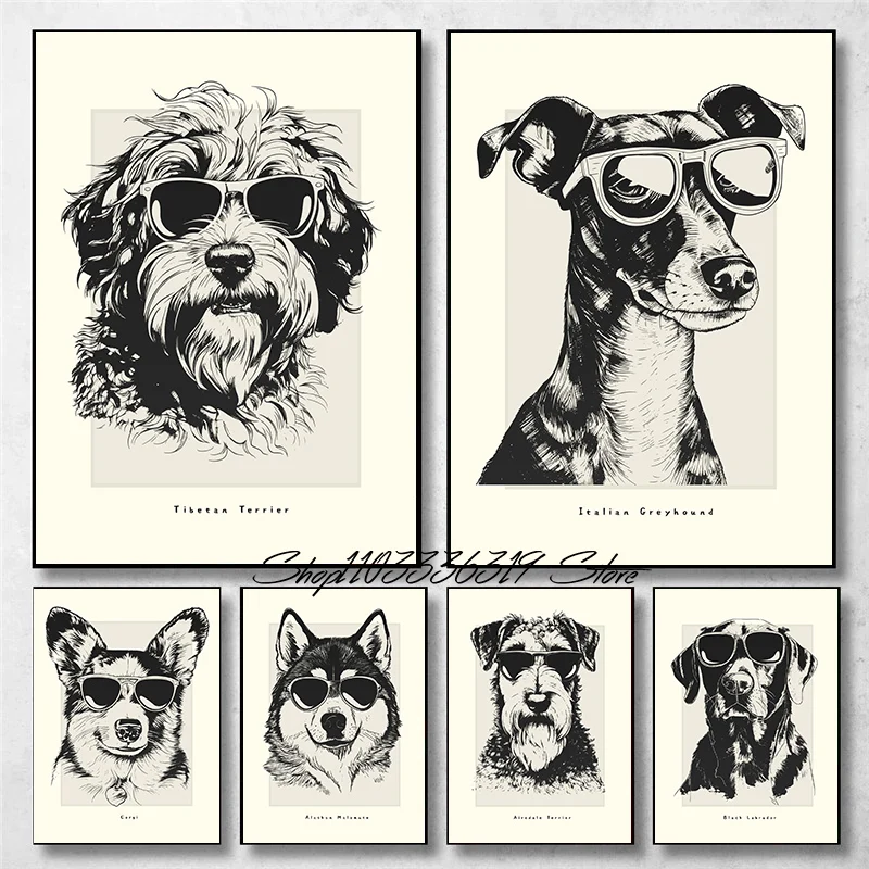 Retro Dog Illustration Tibetan Terrier Sketch Eurasier  Art Poster Canvas Painting Wall Prints Pictur Living Room Home Decor