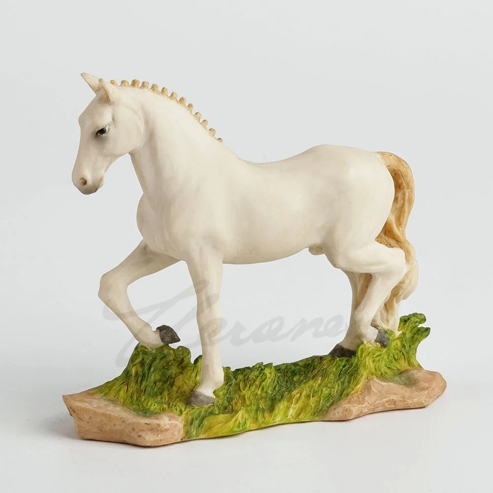 Walking White Horse Resin Figurine Realistic Steed Sculpture Grass Rock Base Equine Animal Desktop Ornament Home Decoration Gift