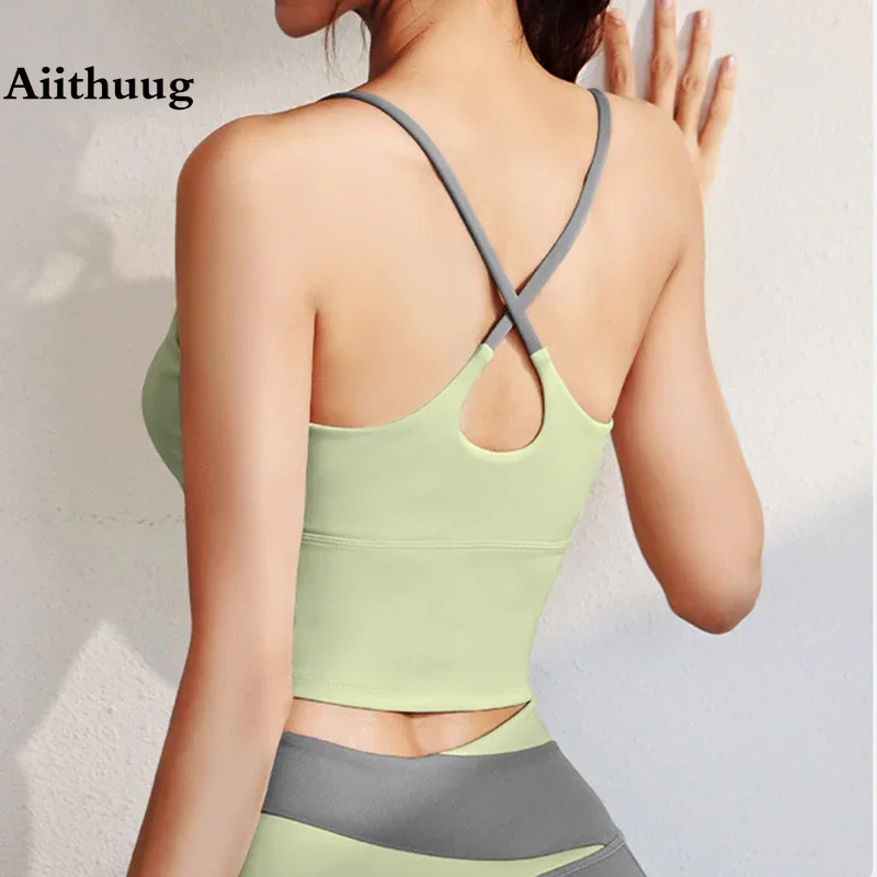 Aiithuug Gym Workout Crop Top Fitness Yoga Tops Fitness Crops Build In Cup Crisscross Back Crop Wireless Padded Yoga Bra Golf