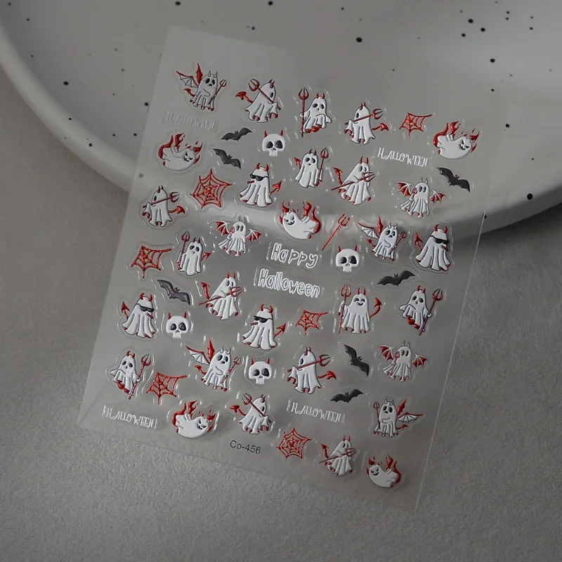 2/1Pcs Pumkin 스파이더 웹 네일 스티커 할로윈 유령 네일 아트 데칼 접착제 젤 데칼 슬라이더 문신 매니큐어 장식