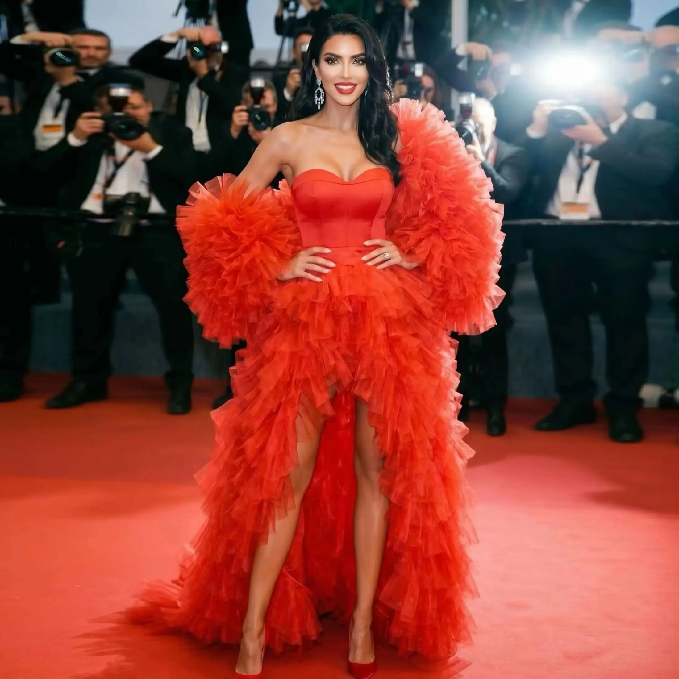Customized New Arrival Red High Low Prom Dress with Cape Layered Tulle Strapless Red Carpet Formal Dress Celebrity Evening Party