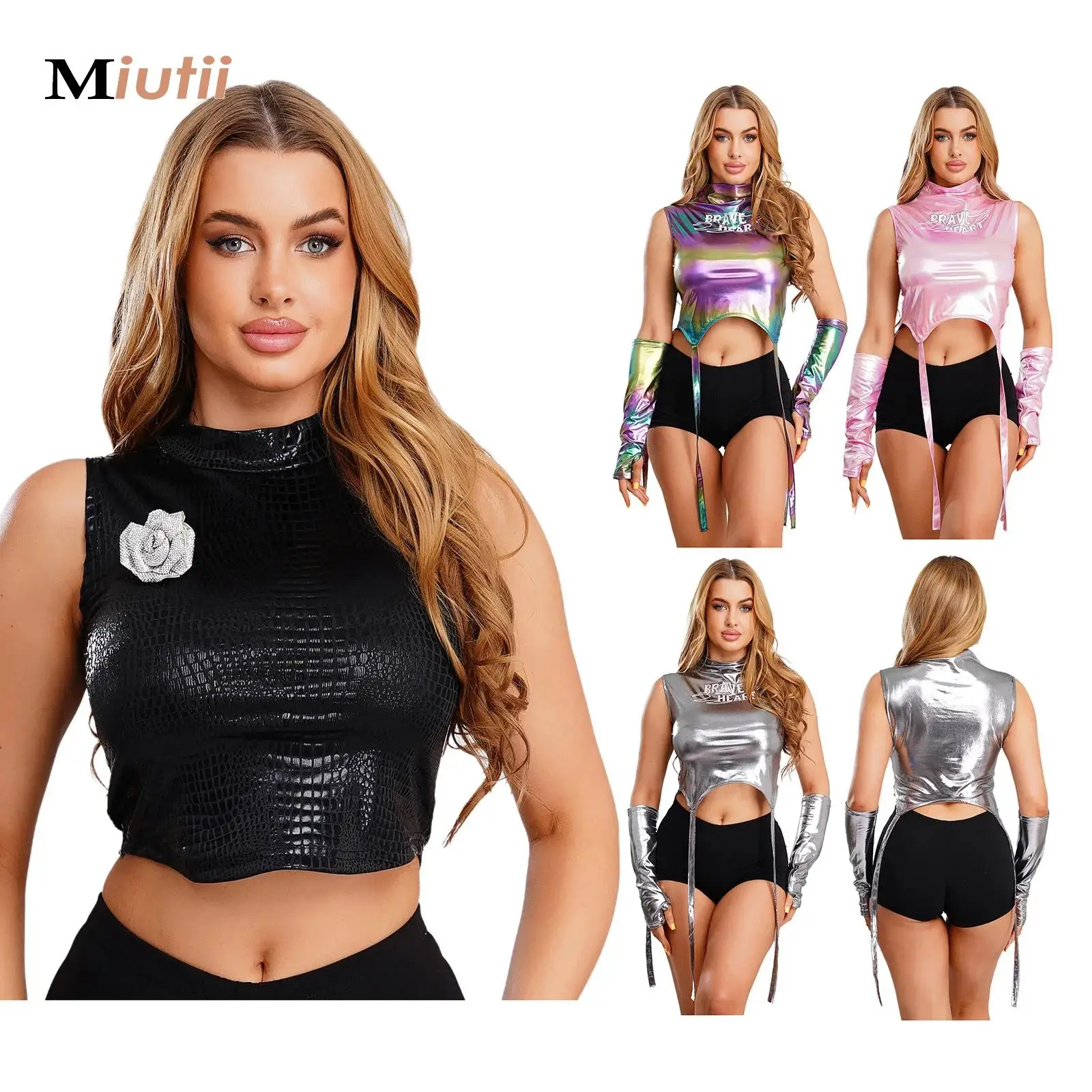 

Womens Jazz Hip-hop Dance Crop Top with Oversleeves/Brooch Holographic Metallic Sleeveless Pullover T-shirt for Music Festival