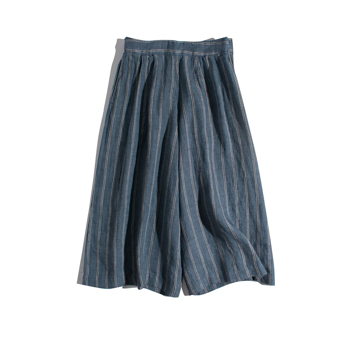 

Dave&di Striped Jacquard Pure Linen Refreshing Linen Material Loose Artistic Eight Part Wide Leg Pants Skirt Pants