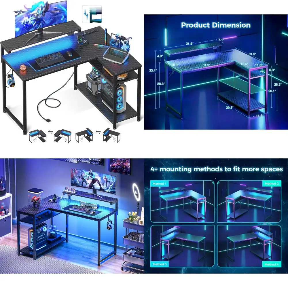 

L-Shaped Gaming Desk with Adjustable Monitor Stand and Power Outlet