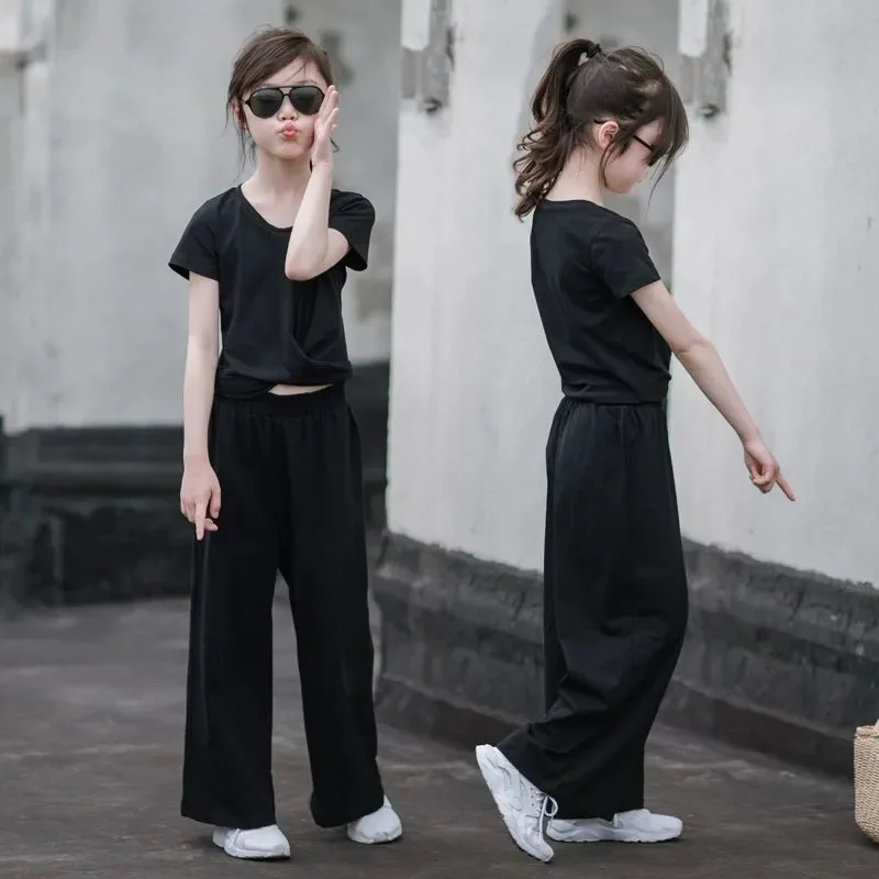 

2024 teens summer Kids tracksuit Child dancer Girls Clothes Casual T-Shirt + wide leg Pants Suit Teenager 5 6 8 10 11 12 year