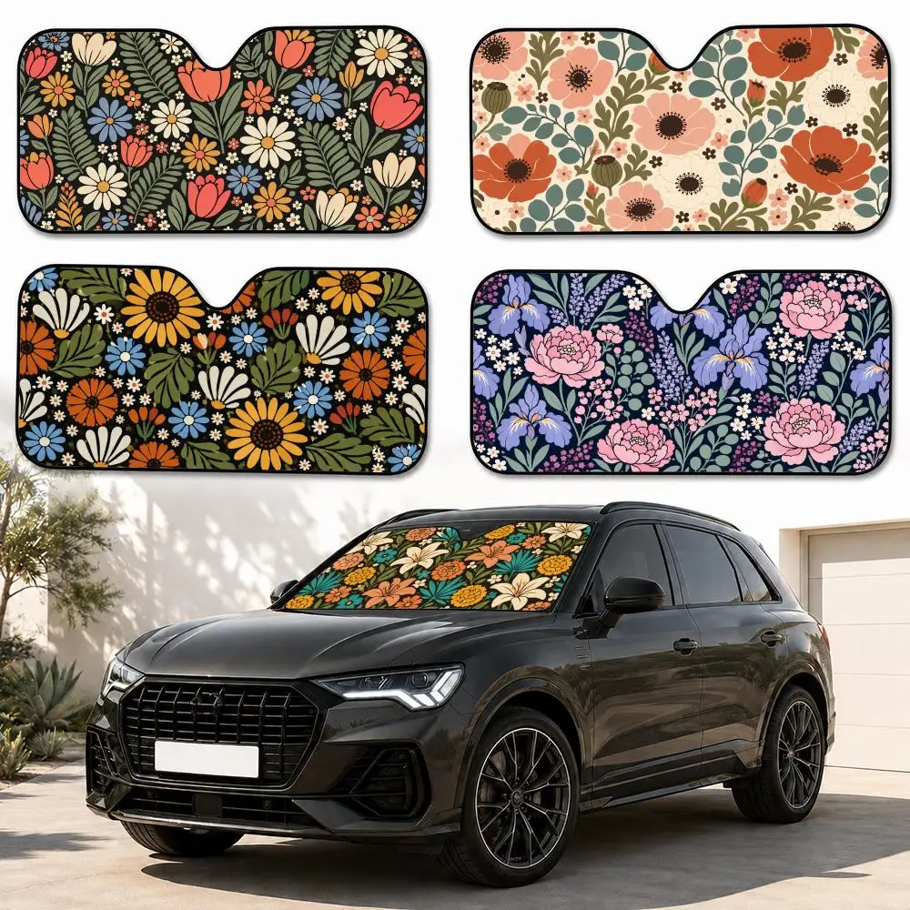 Boho Bohemian Floral Pattern Sun Visor Heat-insulating Aluminum FilmReusable Suction Cup Blocks UV Rays Car Sun Visor