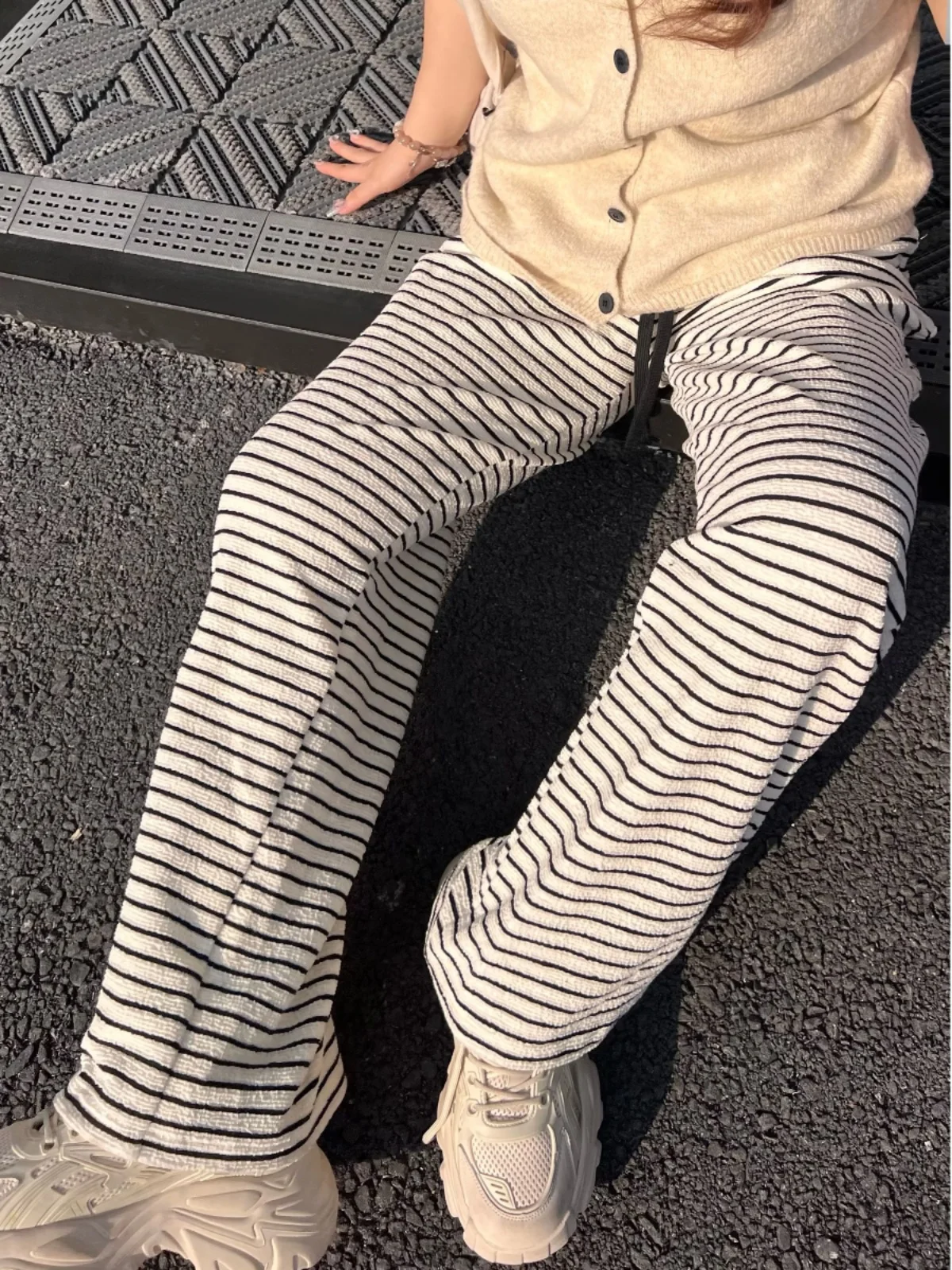 

plus Size Women's Striped Casual Thi Wide Leg Pants Loose Straight Tube Towel Pants Home Micro Fat Large Size Women's Clothing