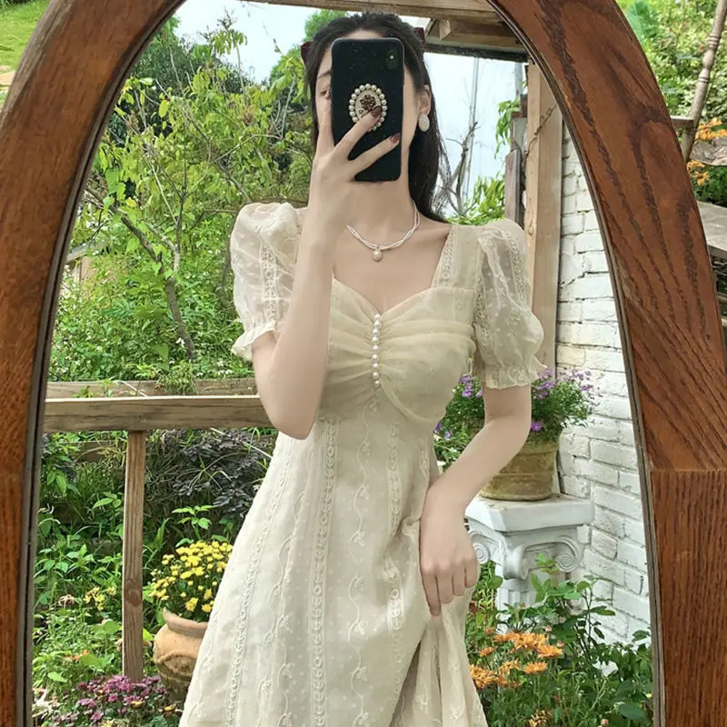 

Elegant Mesh Lace Beading France Vintage Dress Woman Clothing 2022 Summer New Aesthetic Puff Sleeve VNeck Hook Flower Midi Dress