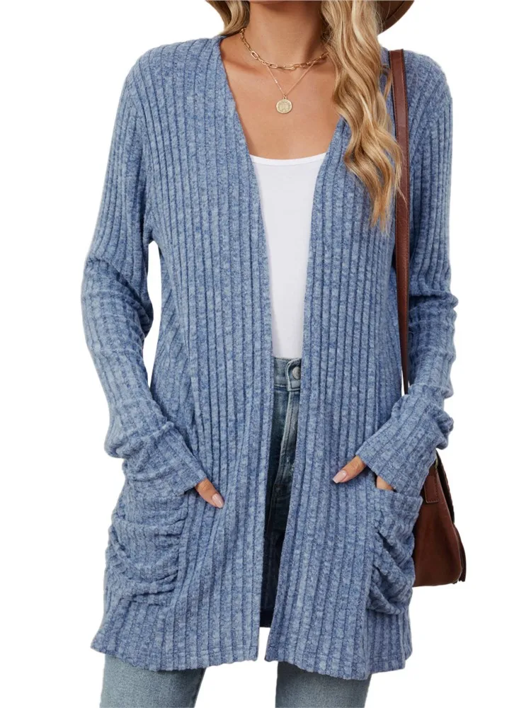 2024 Autumn Winter Women's Fashion Collarless Solid Color Pocket Long Sleeved Base Cardigan Casual Comfortable Knitted Sweater