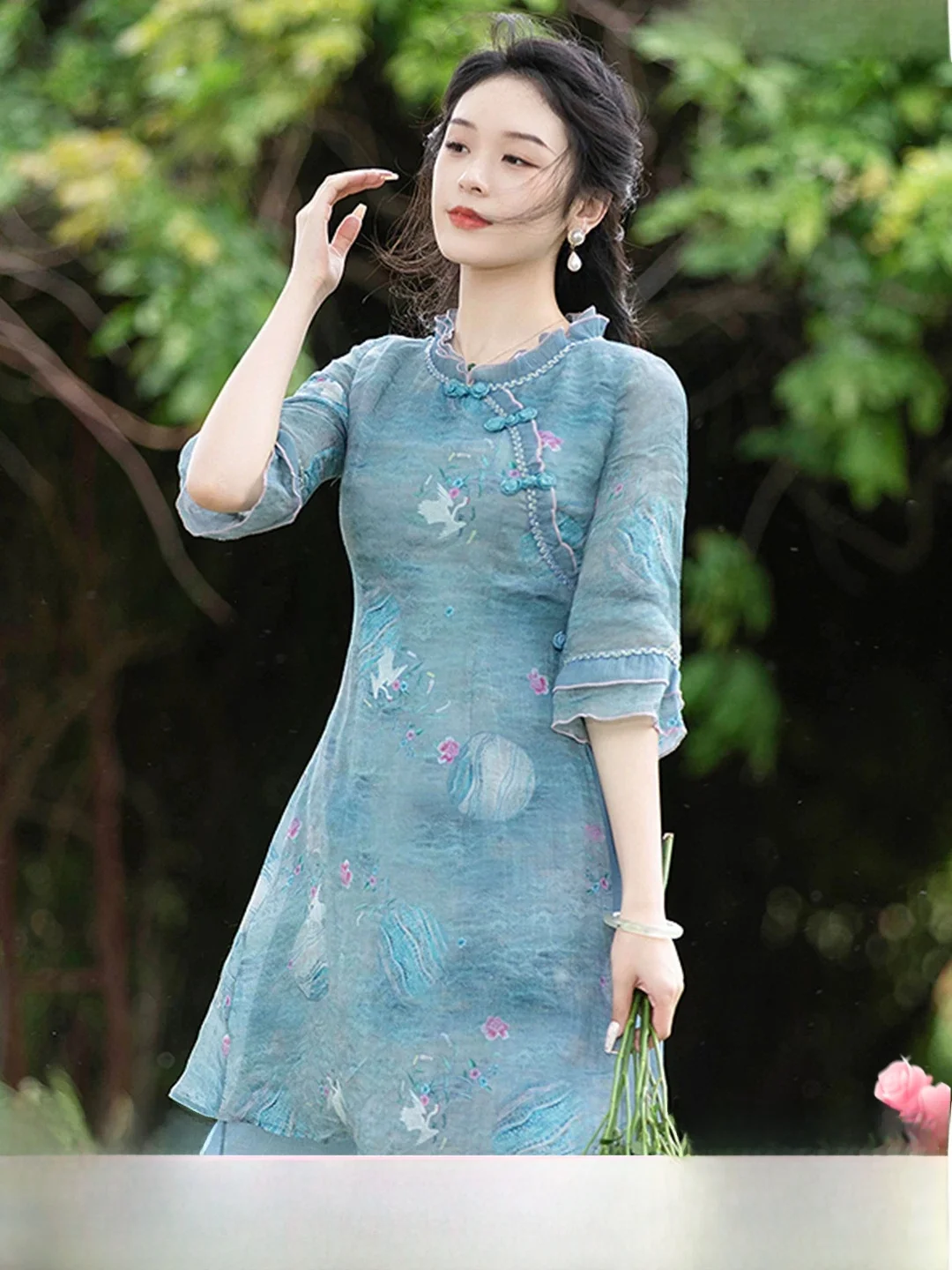 

Green Reformed Fireworks Pressed Hemp Dress New Chinese Style Women's Clothing Summer 2026 Vintage Short Gown