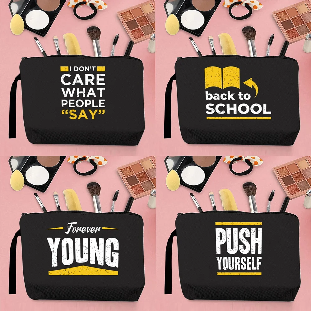 

2026 Women's Cosmetic Bag Phrase Pattern Print Personality Portable Outdoor Storage Travel Canvas Strap Black Change Clutch