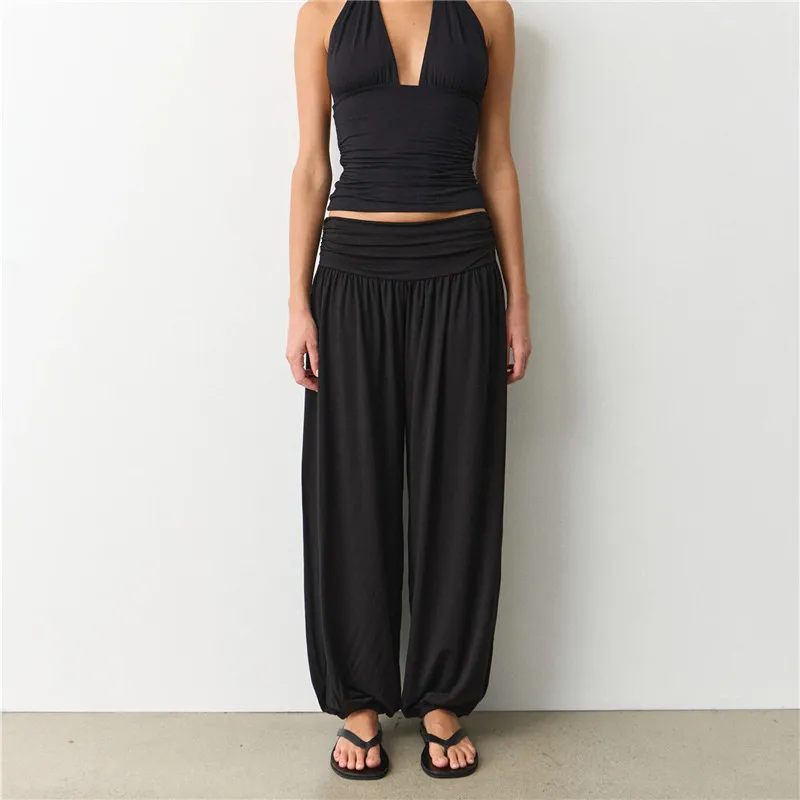 Women Fold Over High Waist Harem Jogger Pants Elastic Soft Modal Loose Baggy Cuffed Ankle Sweatpants Vacation Casual Trousers