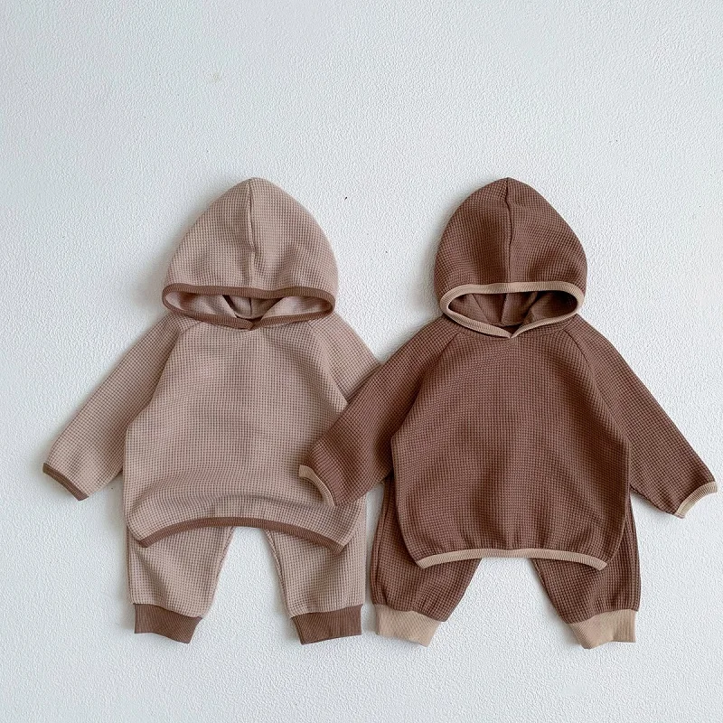 

New Baby Clothing Set 0-3Years Newborn Boy Girl Waffle Pattern Outfits Long Sleeve Hooded Tops+ Long Pant 2PCS Autumn Clothes