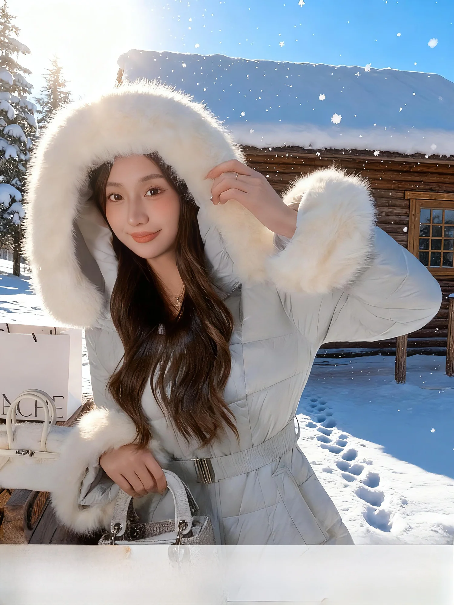 

Padded Jaet Women's Thiened Cotton Coat with Large Fur Collar Waist-Cinching Slimming Sle Sakura Snow Spring Commute