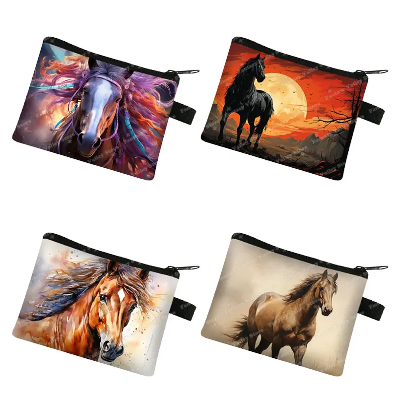 

Running Horse Coin Purse Colorful Indian War Horse Cloud Backlit Paint Mini Wallet Man Women Credit Holder Money Coins Bag Gift