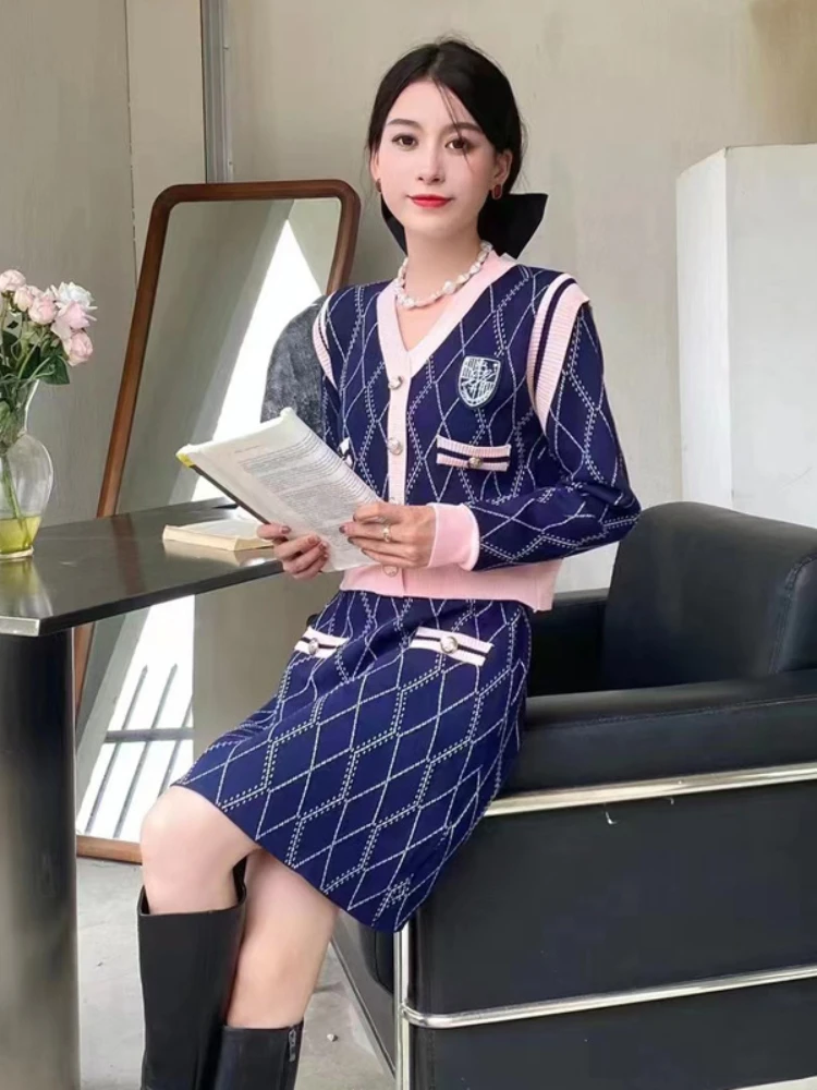 Elegant Commuter Sweater Suit Women Fall/Winter New High Quality Rhombic Contrast Cardigan Top+A-Line Skirt Knitted 2-Piece Set