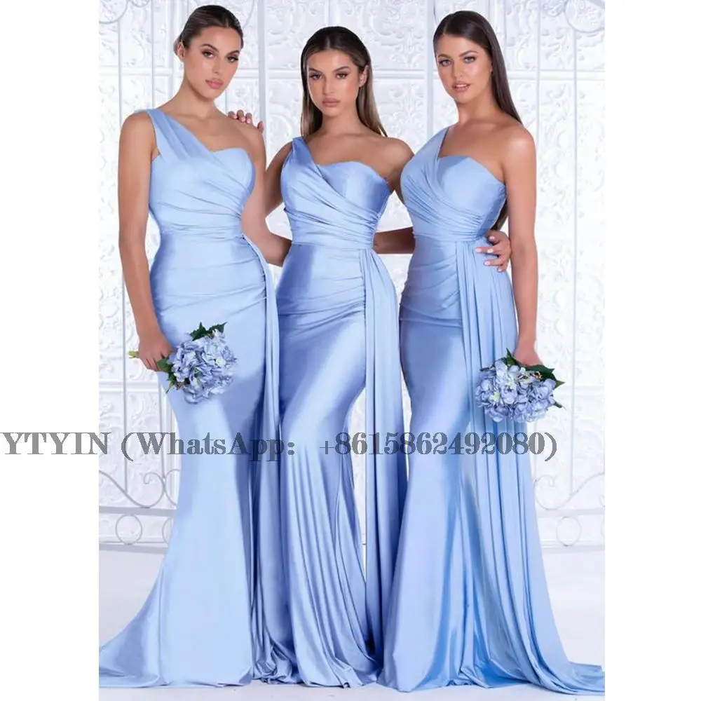 

Mermaid Bridesmaid Dresses One Shoulder Sleeveless Simple Bridesmaid Gown Satin Plated Draped Trumpet Backless Dress