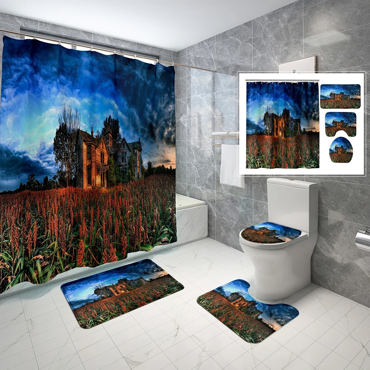 4 Pcs Farm Shower Curtain Sets with Toilet Lid Cover and Bath Mat Autumn Forest Flowers Tractors Bath Curtain Bathroom Sets