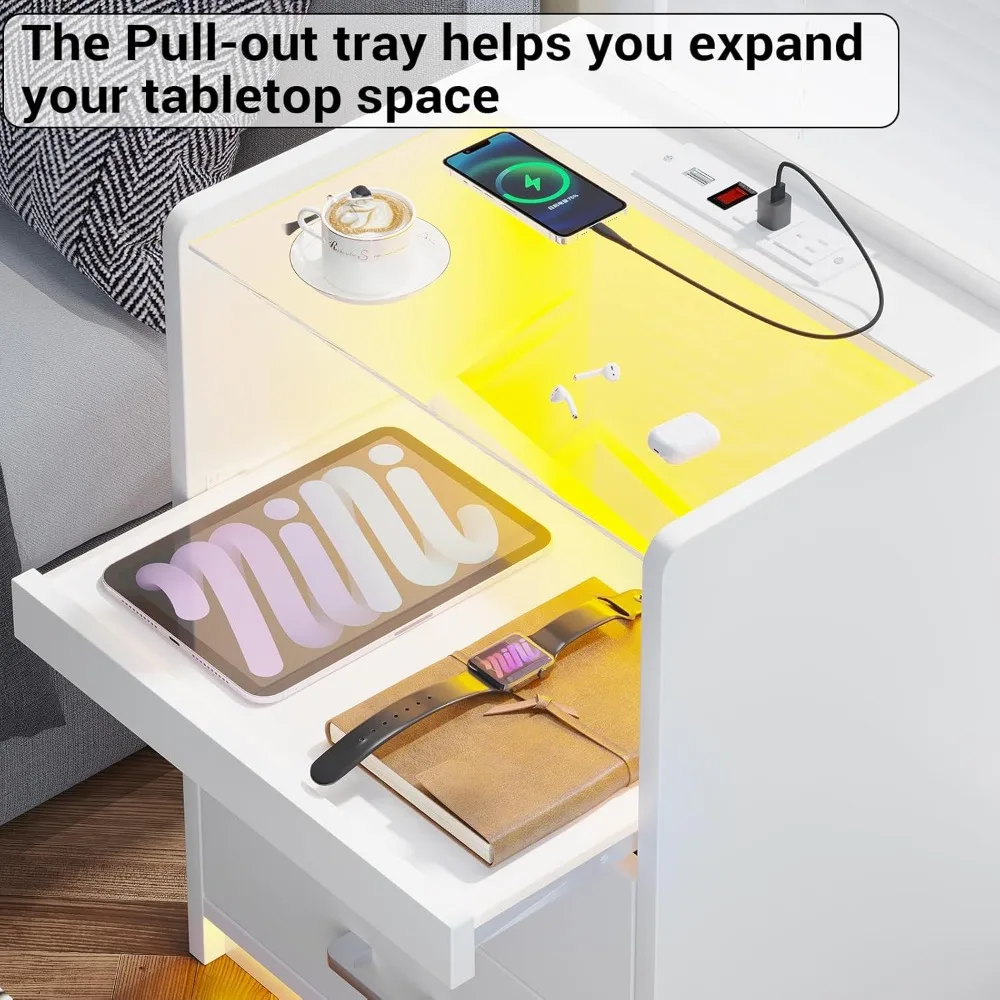 منضدة حديثة بإضاءة LED مع قاعدة شحن وصينية قابلة للسحب ودرجين للاستخدام بجانب السرير #5
