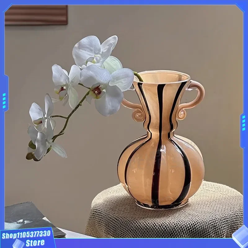 Retro Medieval French Glass Vase Striped Hydroponic Flower Arrangement Home Living Room Decor Light Luxury High Sense