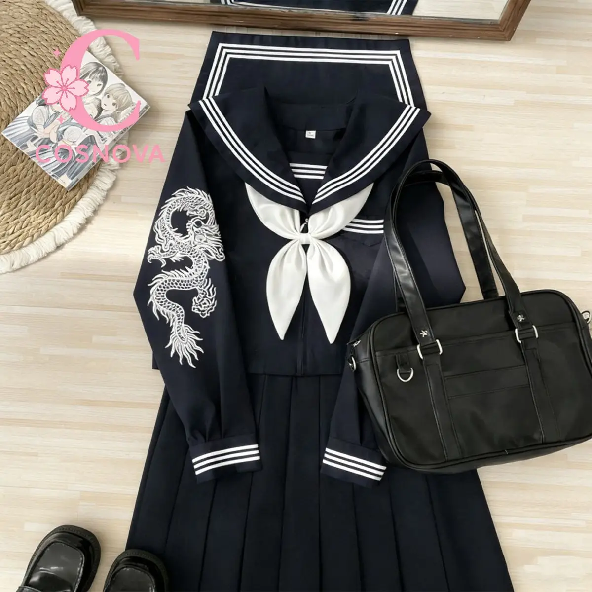 Japanese Dark Goth Punk Sailor Suit JK School Uniform Navy Blue Dragon Embroidery Long Sleeve Set Female Pleated Skirt Outfits