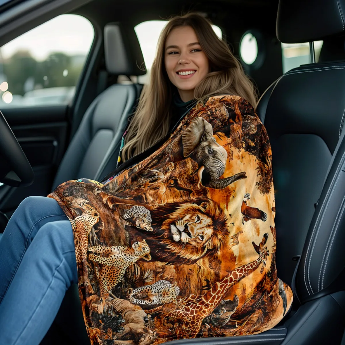 African Safari Animals Blanket Lion Elephant Giraffe Fleece Throw Wildlife Nature Scene Soft Warm All Season Decor