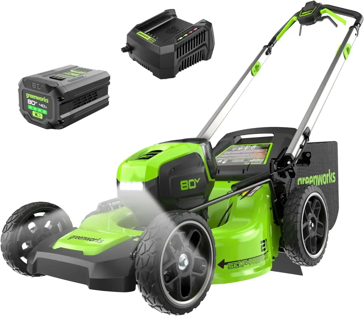 80V 21" Brushless Cordless (Self-Propelled) Lawn Mower (LED Headlight + Aluminum Handles) W/ Rapid Charger Included