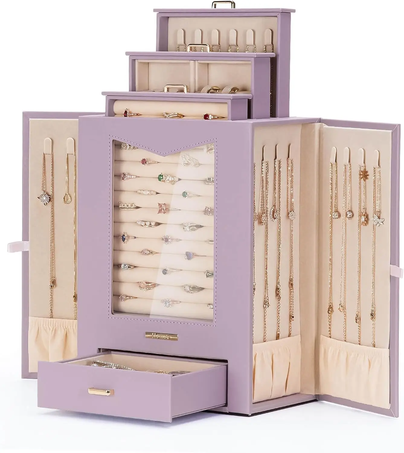 Transparent Window Jewelry Organizer with Hooks for Necklaces Rings Earrings Bracelets Display Case Grey Purple