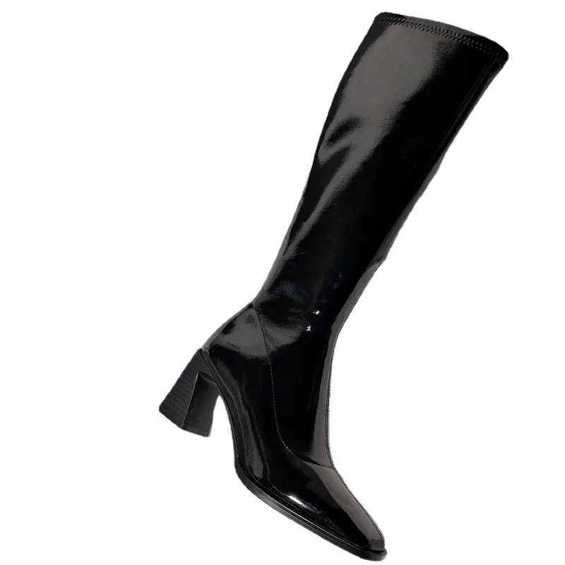 2023 7CM Women Long Boots High Quality Leather Patent Leather Ladies Zip Knight Boots Fashion High Heel Knee-high Lady Boots