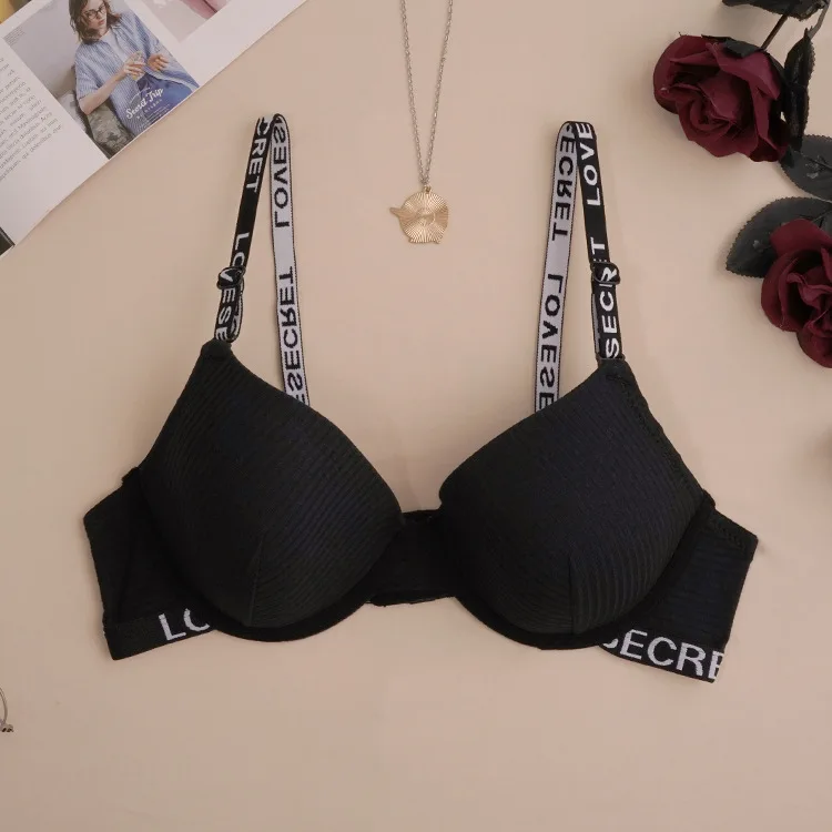 2024 Japanese and Korean Underwear Letters Black Cotton Model with Steel Ring Fashionable Adjustment Bra Simple Bra