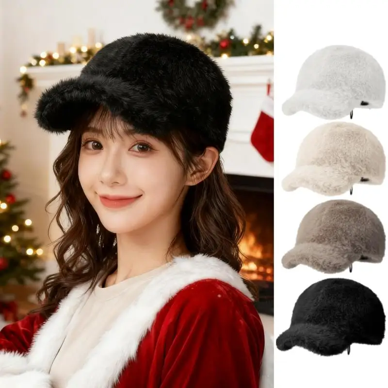 

Faux Fur Baseball Cap Solid Color Warm Plush Thick Adjustable Outdoor Warm Winter Caps Soft Fluffy Peaked Hat Plush Sun Hats