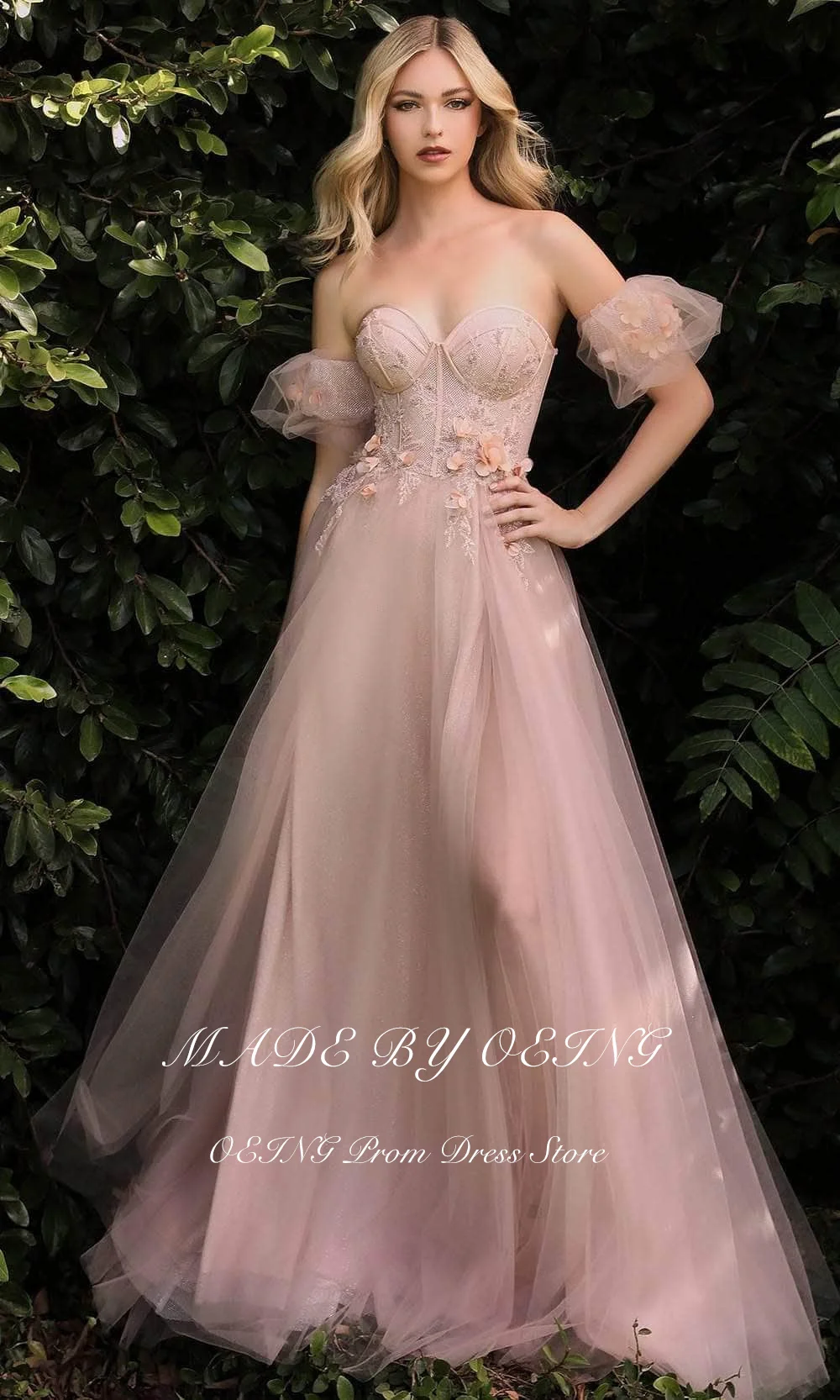 OEING Sweetheart A Line Prom Dresses Fairy 3D Flower Sexy High Slit Evening Gowns Graduation Long Wedding Party Dress Gala