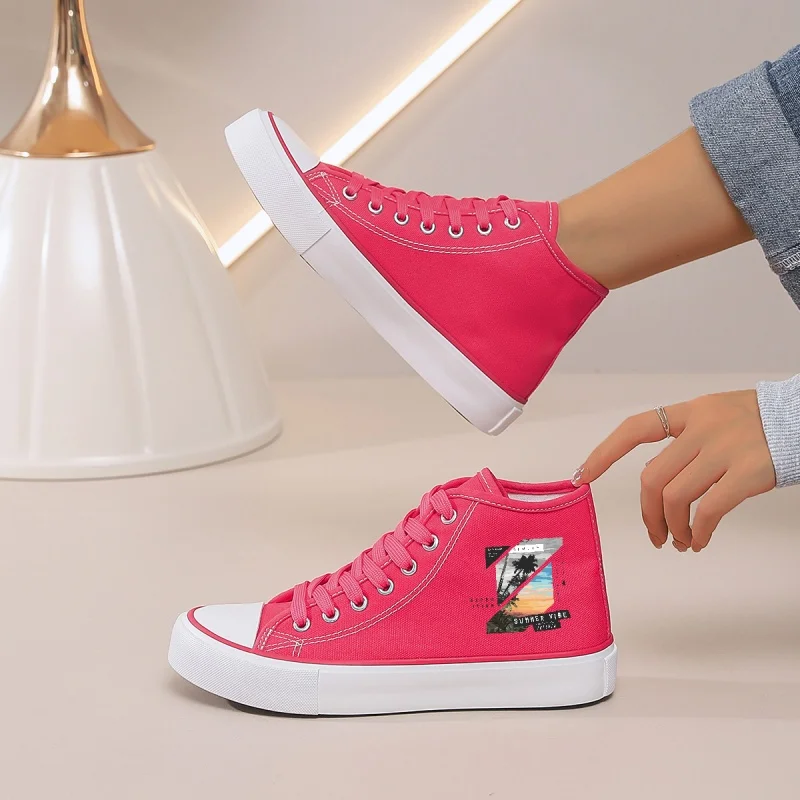 

Women's Rose Red High-Top Canvas Sneakers: Lace-Up Round Toe with Graphic Print. Perfect for Daily Commute & Campus Wear.