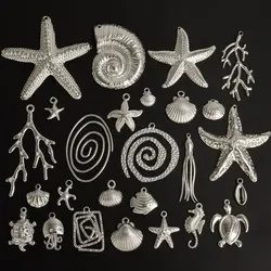 Never Fade 5pcs Silver Color Marine Organism Coral Conch Sea Shell/Turtle/Horse Charm Stainless Steel Pendant For Jewelry Making