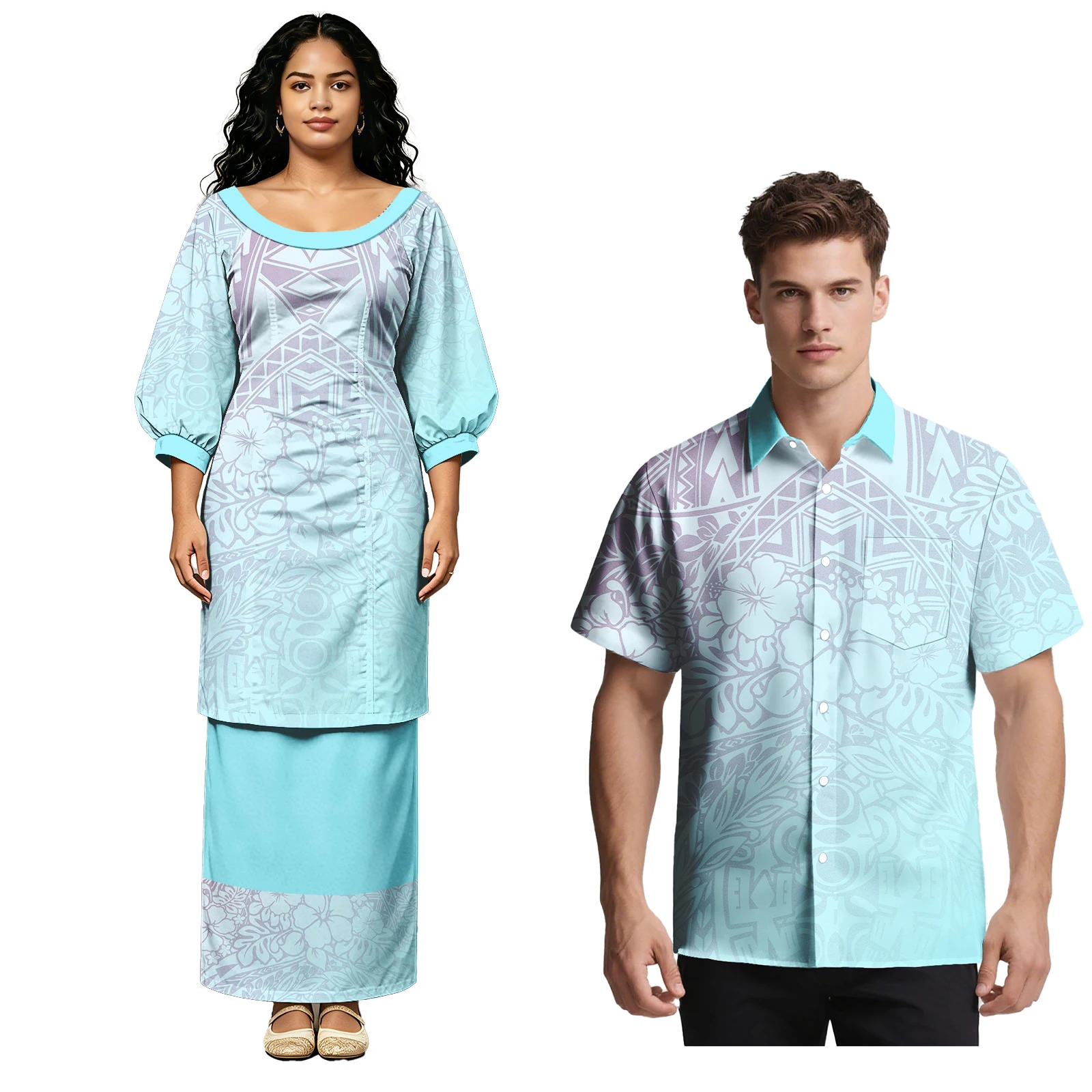 Church Prom Couple Suit Men Aloha Shirts Ladies Midi Sleeve Samoan Puletasi Dress Polynesian Tribal Design Couple Match Outfits