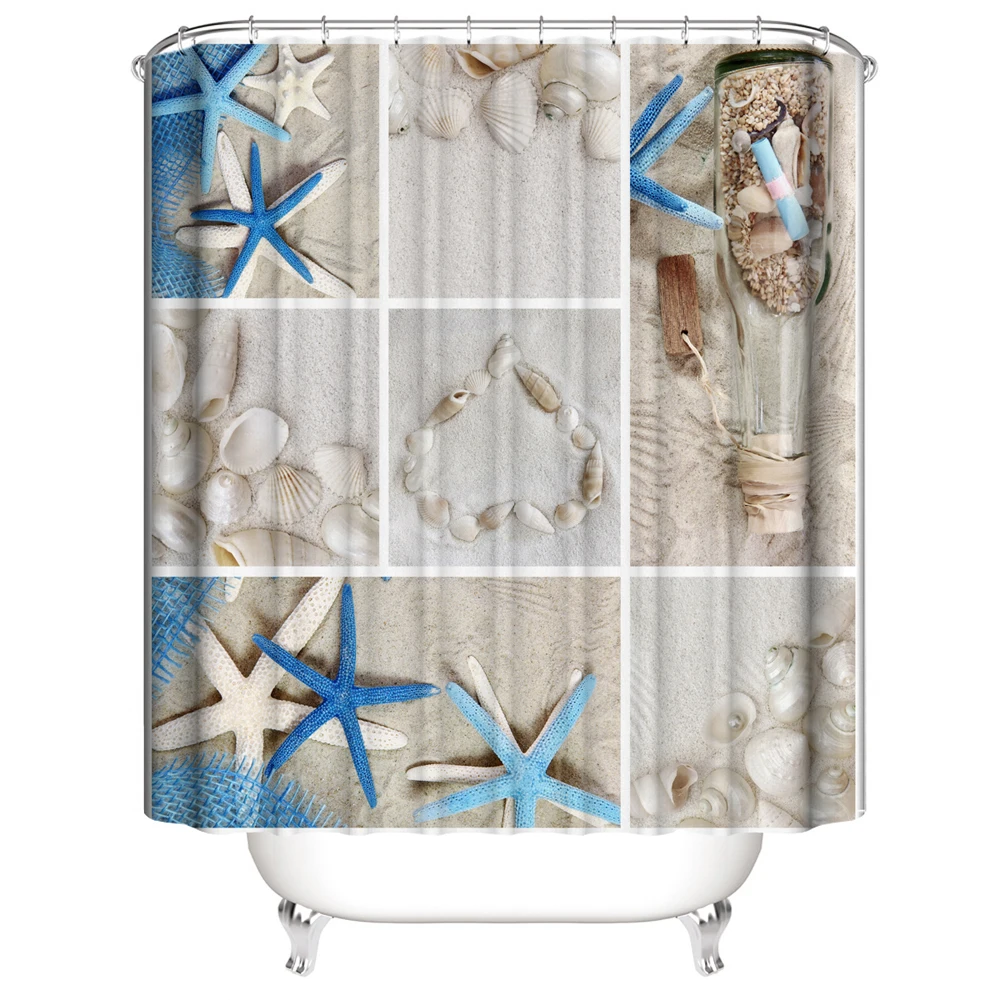 Conch Seashell Beach Ocean Scenery Shower Curtain Tropical Blue Sky Sea Waves Shell Starfish Print Bath Curtains Bathroom Decor