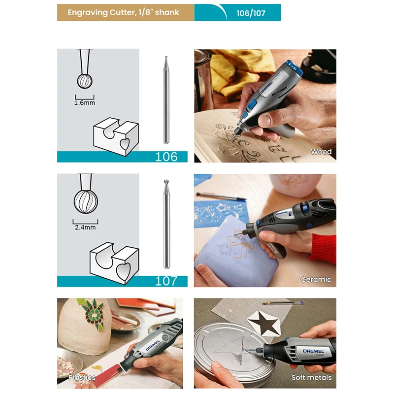 Imagem -03 - Ferramenta Dremel Engraving Cutter Acessório Rotativo Carving Bit High Velocidade Cutter 105 106 107 108 111 117 191 7103 7105 7122 7134