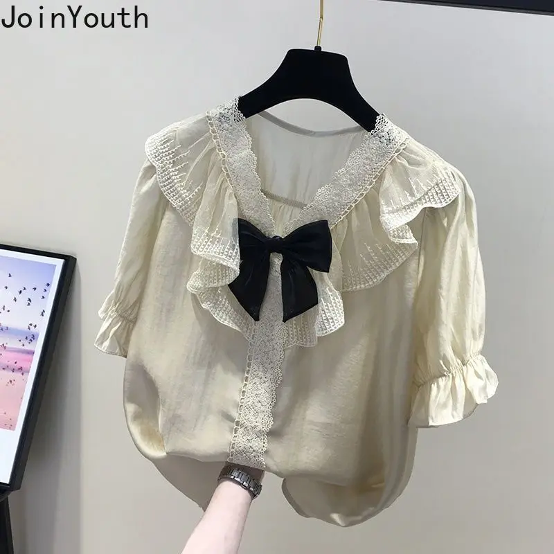 Korean Blouse Women Clothing 2024 Camisas De Mujer Summer Chiffon Shirts V-neck Short Sleeve Patchwork Lace Bow Chic Tops 7o267