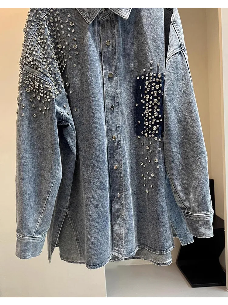 High Street Heavy Industry Rhinestone Blue Denim Jacket Shirt Loose Casual Jean Jacket 2024 Spring Autumn New Women\'s Clothing