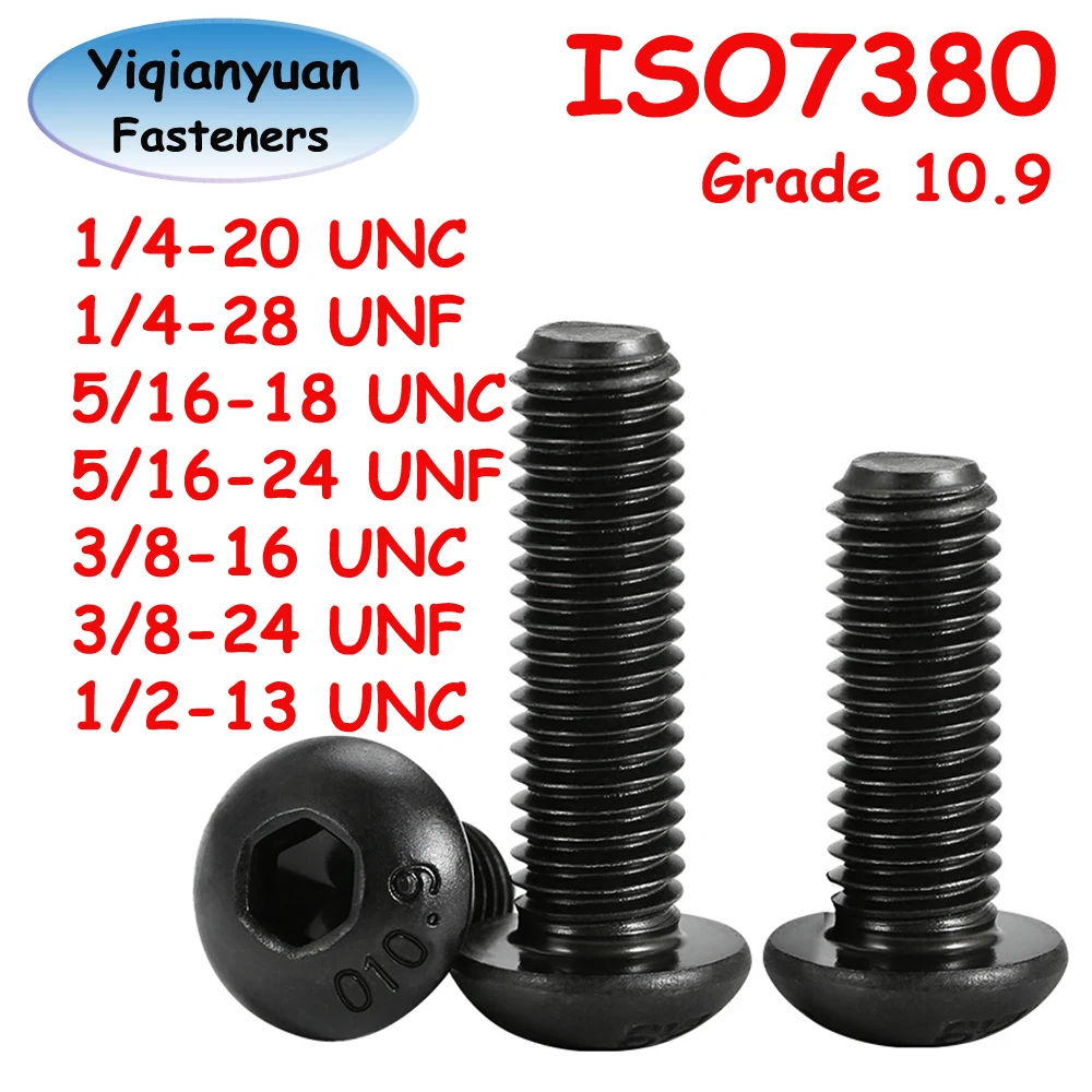 Yiqianyuan 1/4'' to 1/2'' UNC UNF Thread ISO7380 Grade 10.9 Alloy Steel Hex Socket Button Head Screws Mushroom Allen Key Bolts